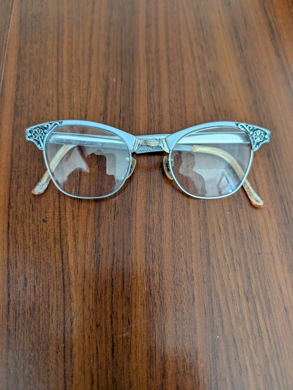 1950s Vintage Artcraft Cat Eye Floral Aluminum Eyeglass Frames Silver Retro